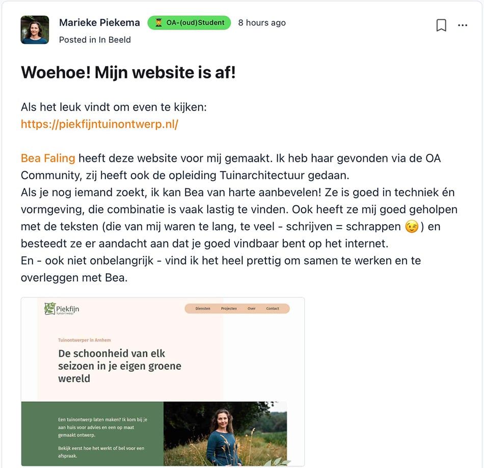 Reactie op website design van Marieke Piekema, Piekfijn Tuinontwerp